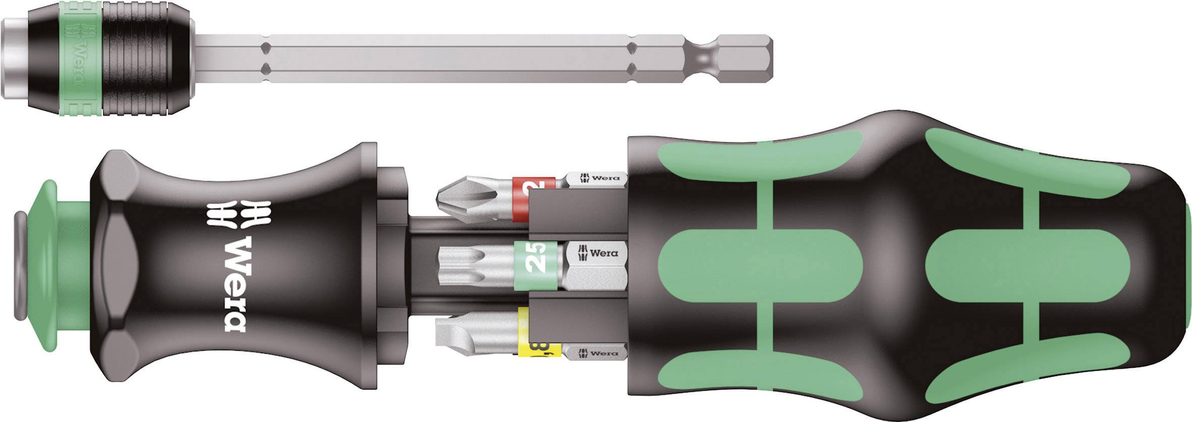 Tournevis avec manche vert et noir et embouts interchangeables. Un support d'embouts intégré permet un rangement flexible des embouts.