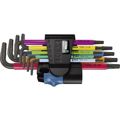 Ensemble multicolore de clés Allen avec languettes de préhension, marquées de 'TORX 20 HF' à 'TORX 40 HF', dans un support noir.
