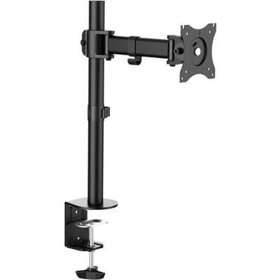 Un bras de moniteur noir réglable avec pince de fixation, adapté pour maintenir un écran, offre un positionnement flexible.