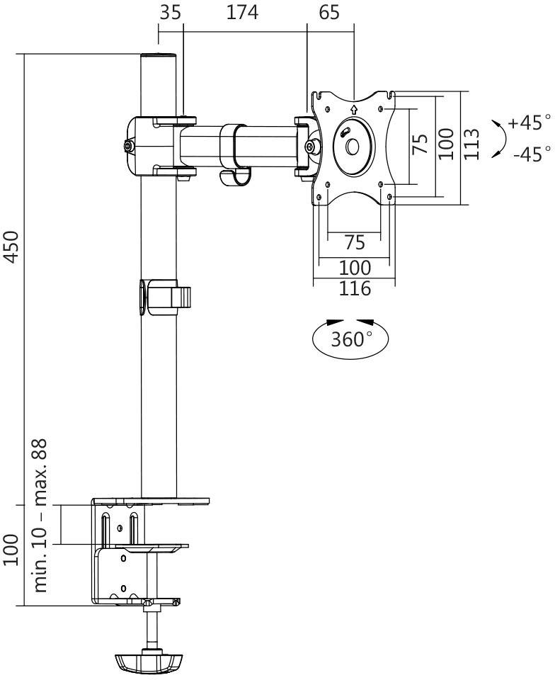 Dessin technique d'un support de moniteur avec bras pivotant et dimensions en millimètres. Plage de mouvement de -45° à +45°.