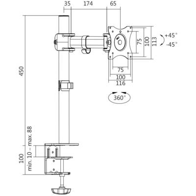 Dessin technique d'un support de moniteur avec bras pivotant et dimensions en millimètres. Plage de mouvement de -45° à +45°.