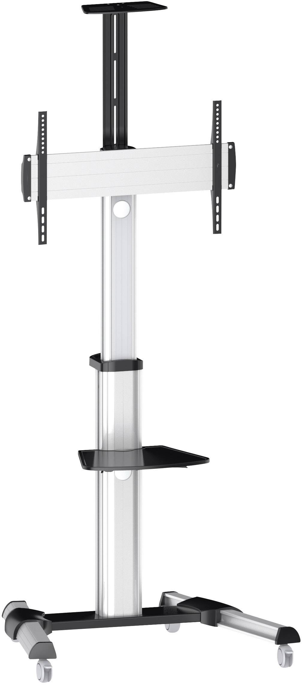 Support TV mobile en métal avec roulettes, réglable en hauteur et doté de deux étagères. Adapté pour les salles de conférence ou les expositions.