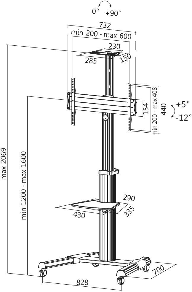 'Dessin technique d'un support réglable avec support de moniteur. Réglages de hauteur et d'inclinaison ainsi que les dimensions sont indiqués.'