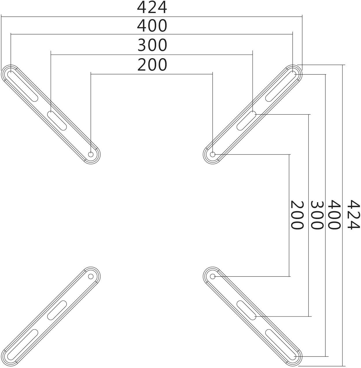 Dessin technique d'un connecteur en acier avec dimensions : 424, 400, 300, 200. Les dimensions indiquent les écarts entre les trous de fixation.