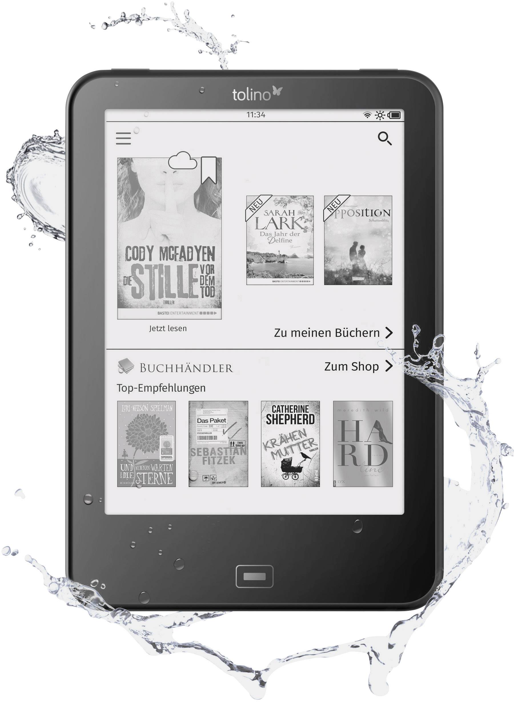 Une liseuse affiche le menu principal avec des couvertures de livres et des options de sélection comme « Mes livres ». Des éclaboussures d'eau entourent l'appareil.