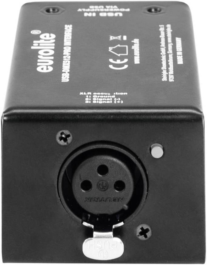 Appareil noir avec entrée XLR et port USB. Marquage 'eurolite USB-DMX512 PRO MK2'. Relie la commande d'éclairage à l'ordinateur.