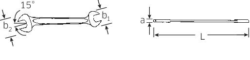 Figure d'une clé à molette en vue latérale et frontale avec cotes : angle 15 degrés, largeurs b1, b2, longueur L, épaisseur a.