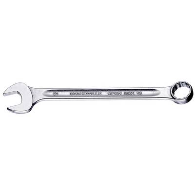Une clé à molette en métal portant l'inscription 'STAHLWILLE OPEN BOX 19', avec une extrémité ouverte et une extrémité à anneau, taille 19 mm.