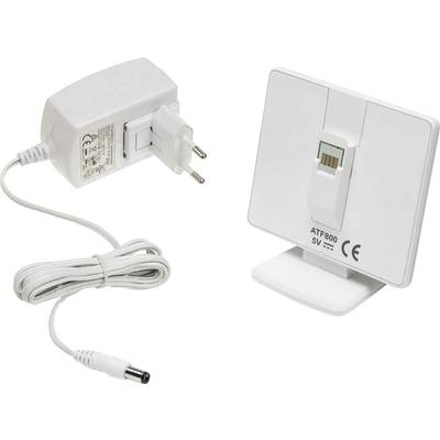 Bloc d'alimentation avec câble et fiche, à côté d'un module électronique blanc avec emplacement de connexion et inscription 'ATF800 5V'.