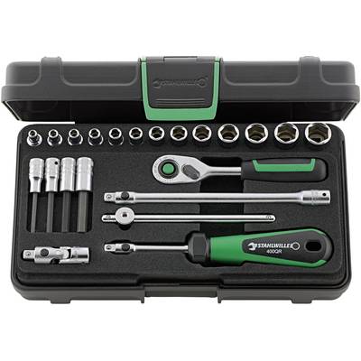 Jeu de clés à douille et d'embouts dans un coffret à outils noir.