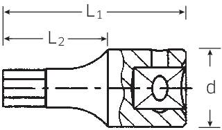 Dessin technique d'un outil avec les dimensions L1, L2 et d. Présente une coupe et des détails de construction.