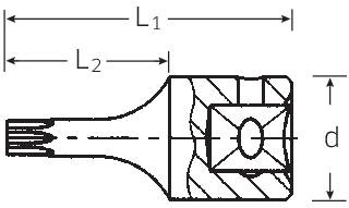Dessin technique d'un outil avec dimensions marquées L1, L2 et d. Montre les détails d'un embout polygonal avec tête de vis.