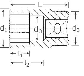Dessin technique d'un composant avec plusieurs indications dimensionnelles pour les diamètres (d1, d2, d3) et les longueurs (l1, l2), illustrant la forme.