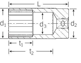 Dessin technique d'une pièce cylindrique avec dimensions : diamètres d1, d2, d3 ; longueurs t1, t2 ; longueur totale L. Vue en coupe transversale.