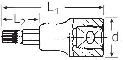 Dessin technique d'un embout de clé à douille avec les dimensions L1, L2 et d. Les principales caractéristiques sont marquées en détail.