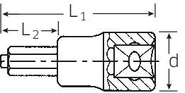Dessin technique d'un composant avec les longueurs L1, L2 et le diamètre d annoté. Présente la forme détaillée et les dimensions de l'objet.