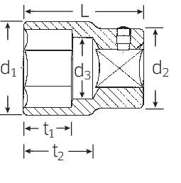 Dessin technique d'un composant avec les dimensions L, d1, d2, d3, t1 et t2. Montre une coupe transversale avec la structure intérieure et extérieure.