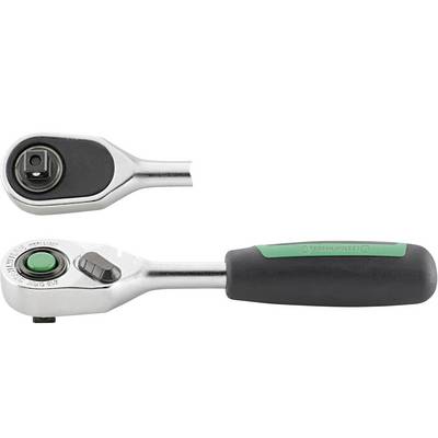 Clé à cliquet avec poignée ergonomique et mécanisme de déverrouillage rapide, adaptée aux douilles, sur fond blanc.