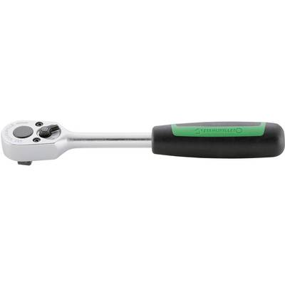 Une clé à cliquet en argent avec une poignée noire et verte, adaptée pour serrer ou desserrer des vis et des écrous.