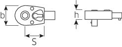 Dessin technique d'un raccord avec les dimensions 'b', 's', 'h' marquées. Montre une vue de dessus et une vue latérale.