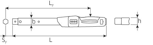 Dessin technique d'une clé dynamométrique avec dimensions. Indique la longueur (L), la largeur (F) et d'autres détails de l'outil.