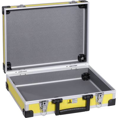 Une valise jaune ouverte avec une poignée noire, un intérieur noir et des bordures métalliques argentées est posée sur une surface.