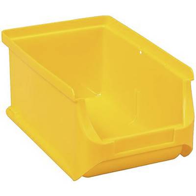 Récipient de rangement en plastique jaune avec ouverture à l'avant pour un accès facile aux objets.