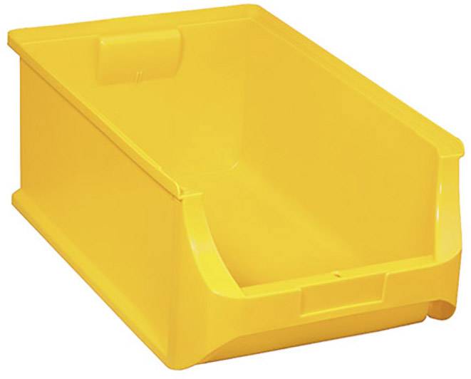 Conteneur de rangement en plastique jaune avec ouverture frontale pour un accès facile aux objets, empilable et robuste.