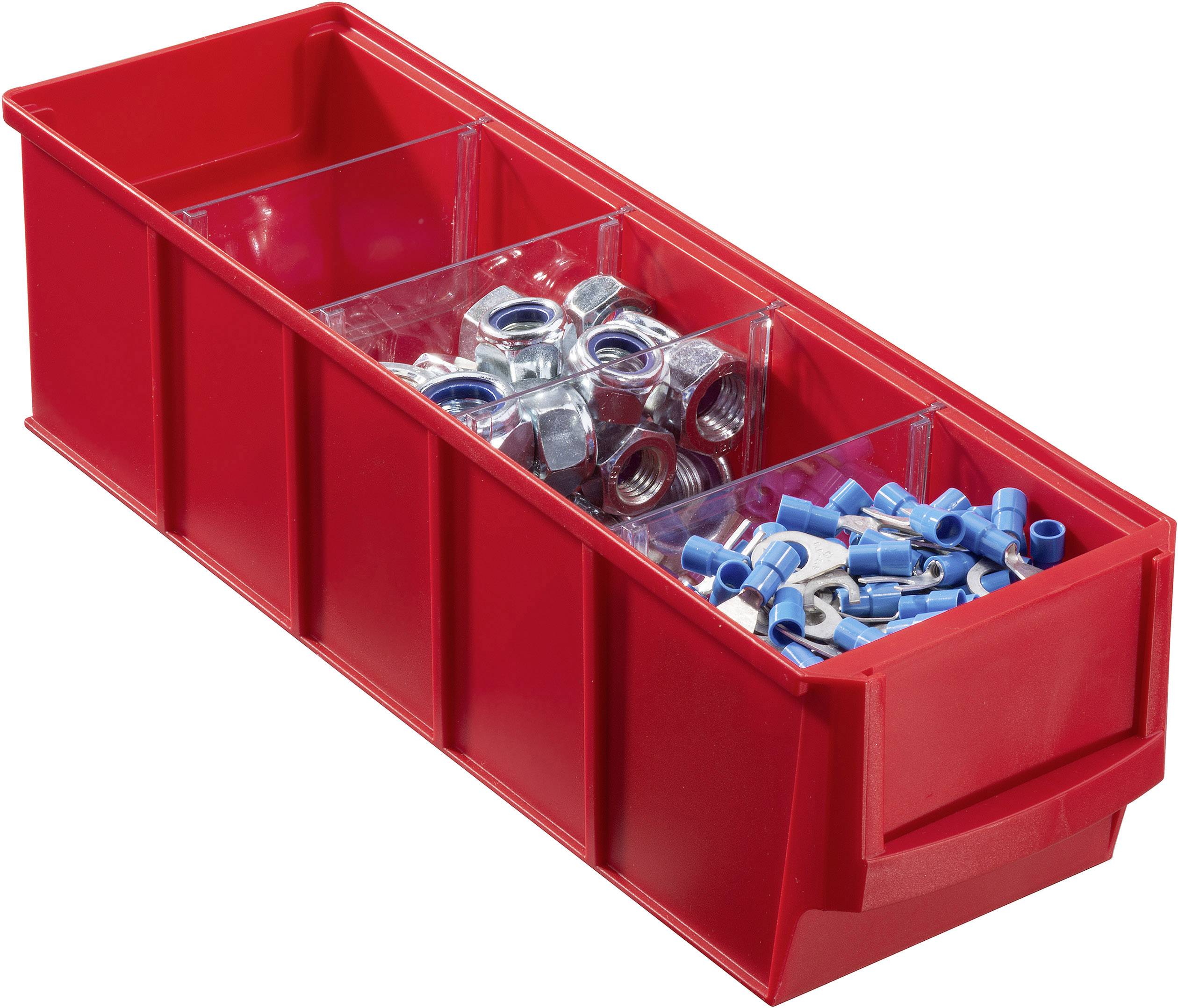 Un conteneur en plastique rouge à trois compartiments. Contient des écrous métalliques dans le compartiment central et des connecteurs de câbles bleus dans le compartiment de droite.
