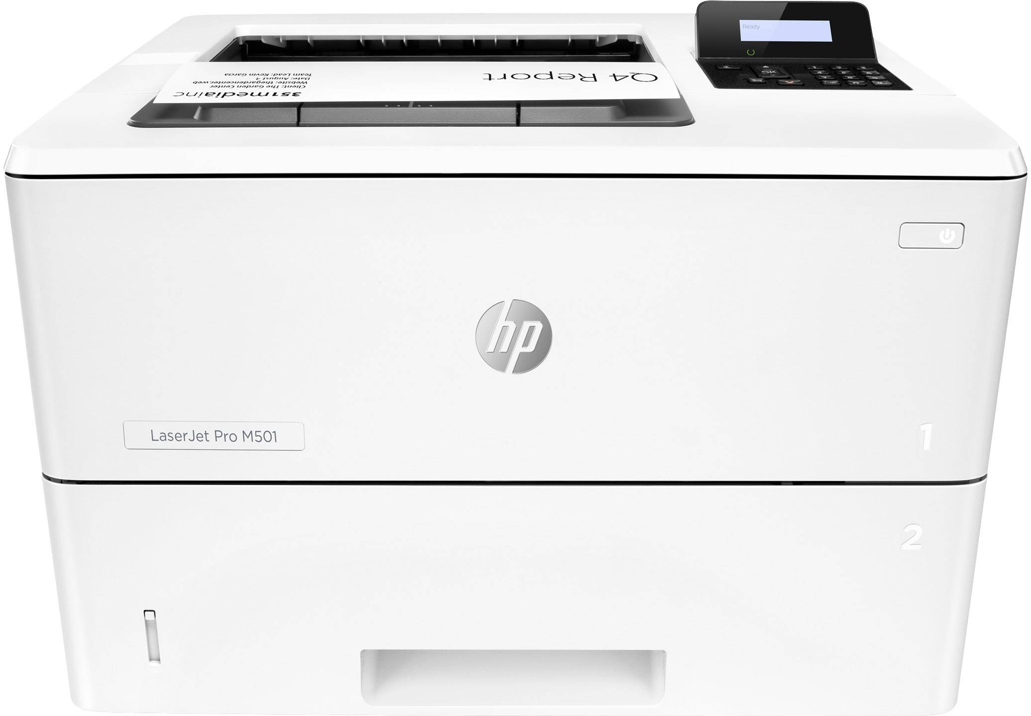 Une imprimante blanche avec un écran numérique en haut à droite, le logo de la marque au centre. Nom du modèle : LaserJet Pro M501.