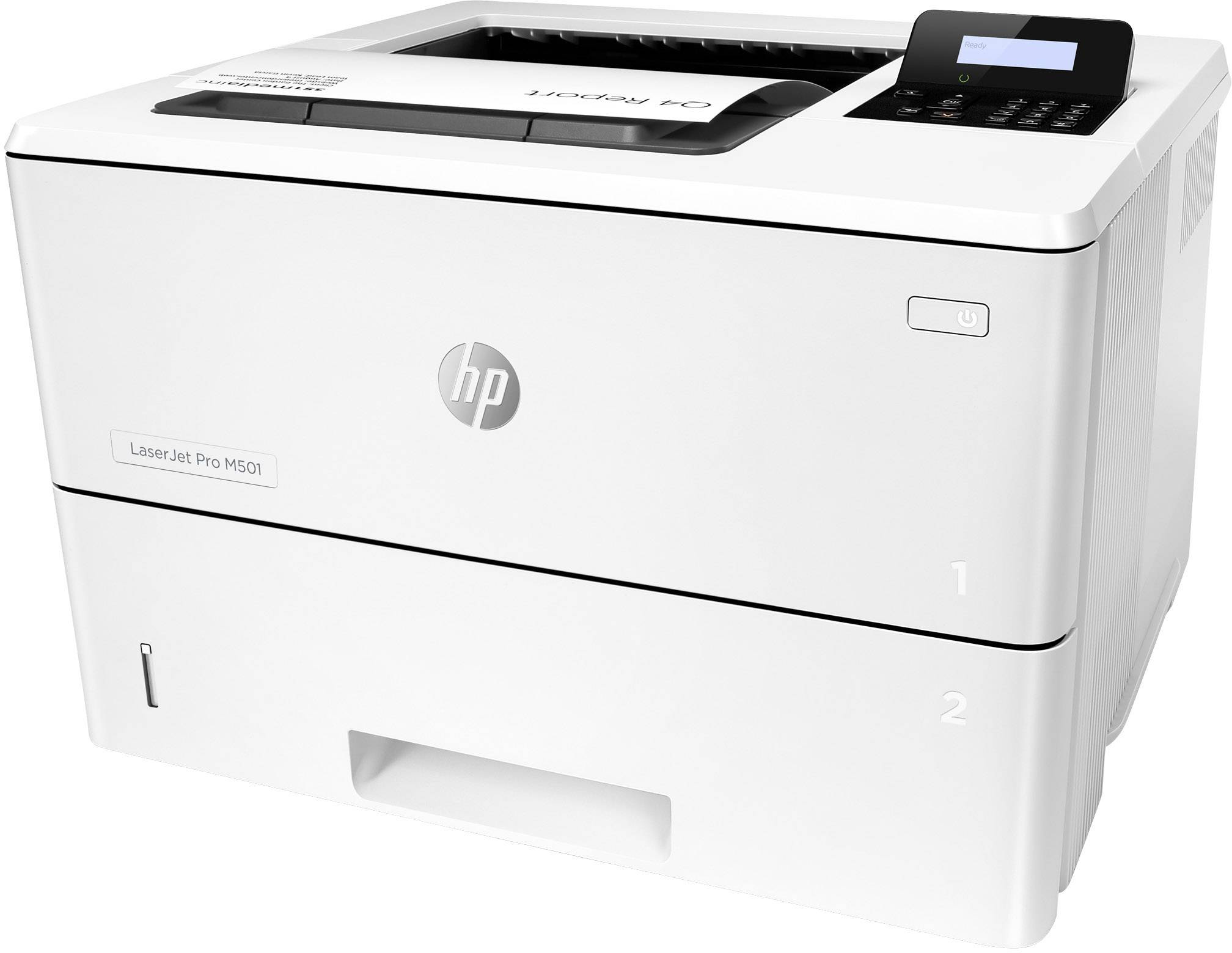Un imprimante HP LaserJet Pro M501 blanc avec deux bacs à papier et un petit écran en haut à droite.