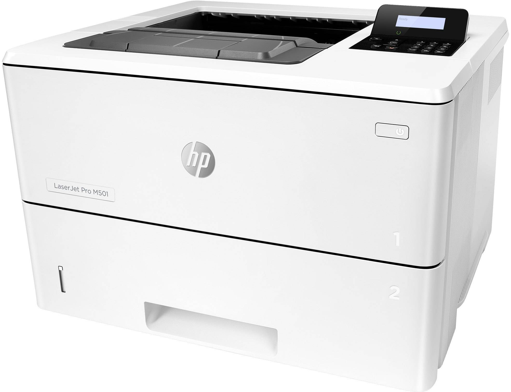 Un imprimante laser blanche avec un panneau de commande en haut à droite, adaptée aux bureaux. Logo de marque et numéro de modèle 'LaserJet Pro M501' sur la façade.