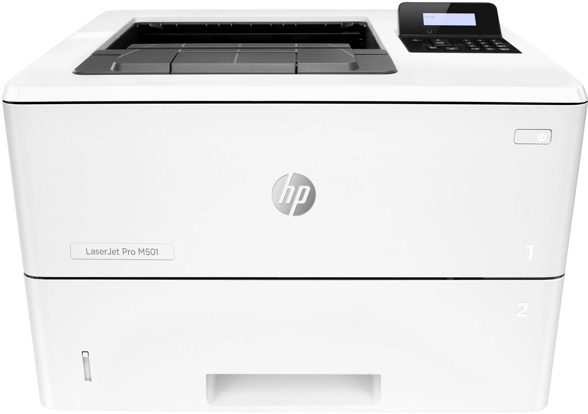 Un imprimante laser blanc de la marque HP, modèle LaserJet Pro M501, avec un panneau de commande et un écran en haut à droite.