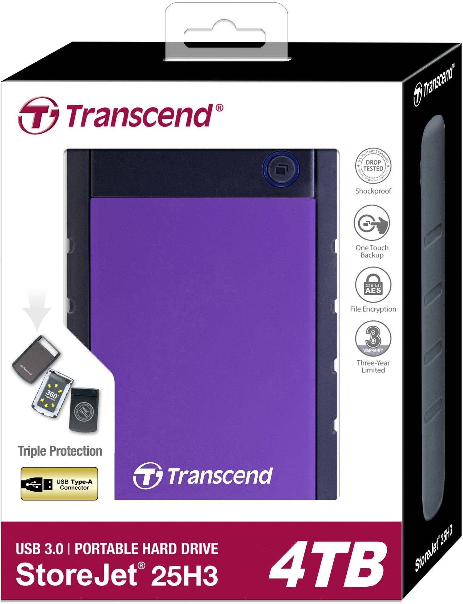 Un disque dur externe Transcend, modèle StoreJet 25H3, 4 To, avec connexion USB 3.0 et triple protection sur l'emballage.