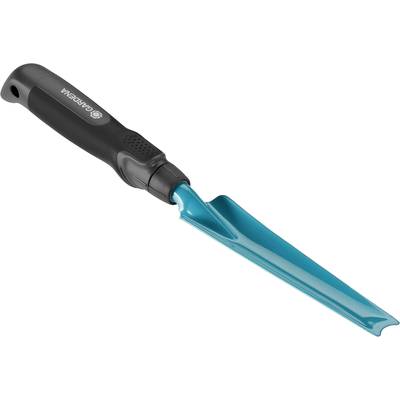Un outil de jardin bleu avec un manche noir, utilisé pour insérer et retirer des bulbes de fleurs ou des plants.