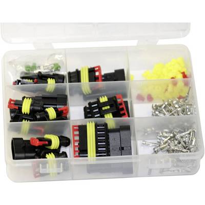 Boîte en plastique transparent avec compartiments séparés, contenant divers connecteurs électriques, des joints en caoutchouc jaunes et des broches métalliques.
