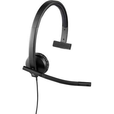 Un casque noir à une seule oreillette avec un micro-perche, adapté à la communication en ligne ou au travail en centre d'appels.