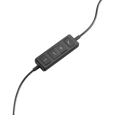 Un contrôleur en ligne noir avec réglage du volume, sourdine du microphone et touche de réception d'appel sur un câble.