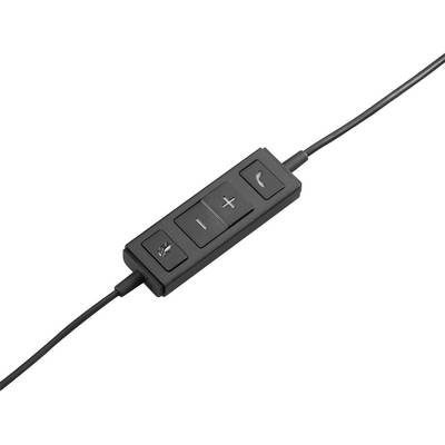 Télécommande noire reliée par un câble, avec des touches pour le volume ('+' et '-'), la mise en sourdine et la réception d'appels.