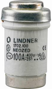 Disjoncteur Lindner, type NEozed, 100 ampères. Cylindre blanc avec extrémités argentées et impression des données du produit.
