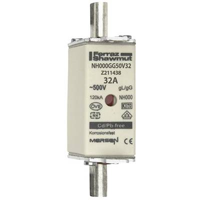 Un fusible NH avec 32A, adapté jusqu'à 500V. Contient des informations sur le fabricant, le type (NH000GG50V32), et le sceau de certification.
