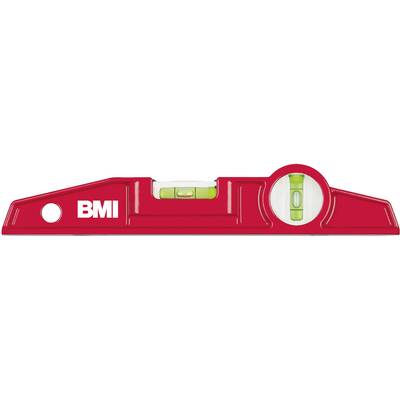 Niveau à bulle rouge avec deux fioles de niveau pour les plans horizontaux et verticaux, marque 'BMI'.