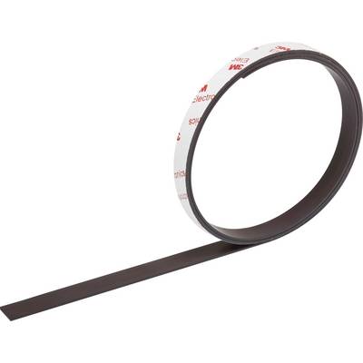 Bande magnétique noire sur un rouleau, partiellement déroulée, avec du ruban adhésif blanc collé dessus, imprimé en rouge.