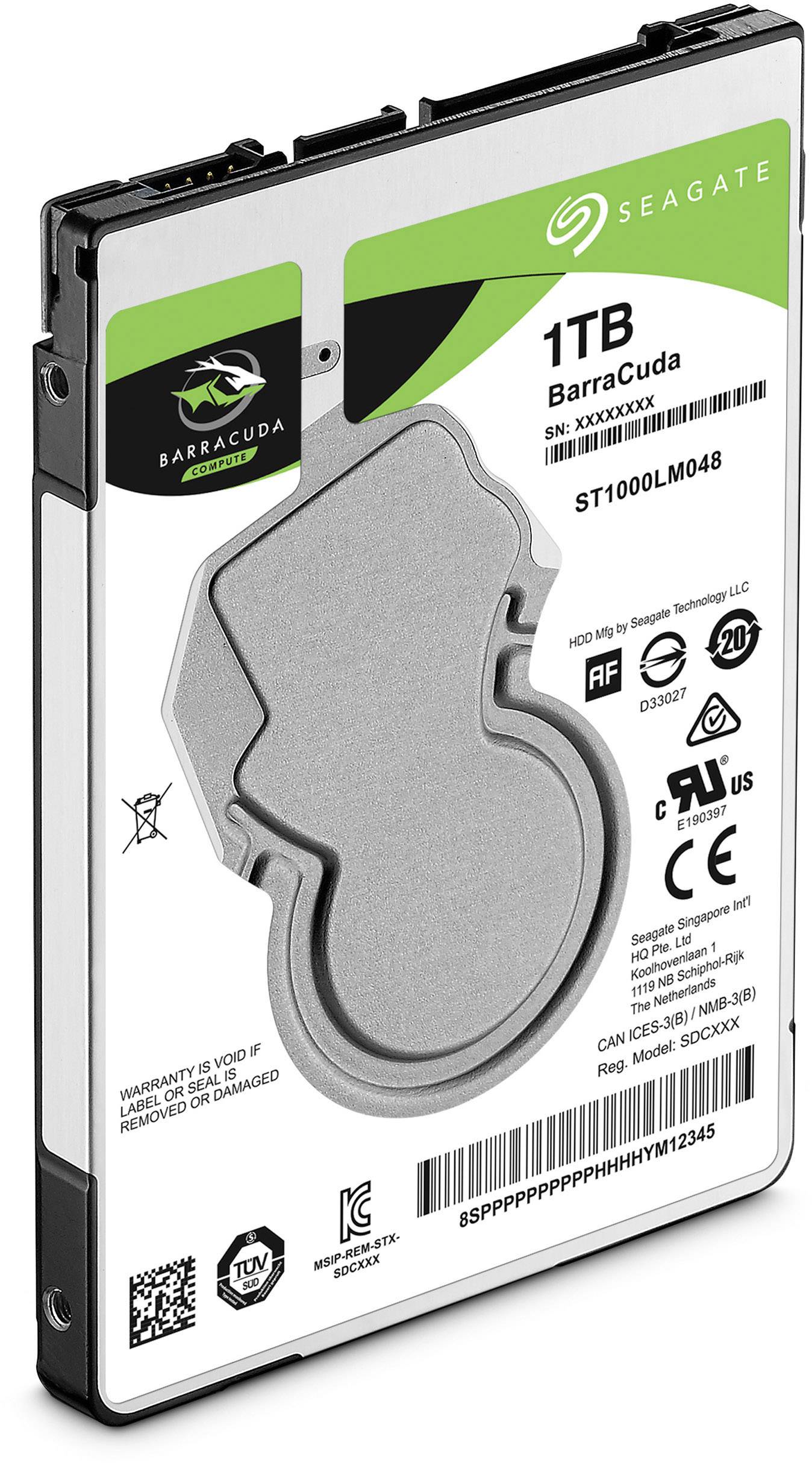 Disque dur 'Seagate Barracuda' de 1 To, vue détaillée de l'avant avec étiquettes et logos.
