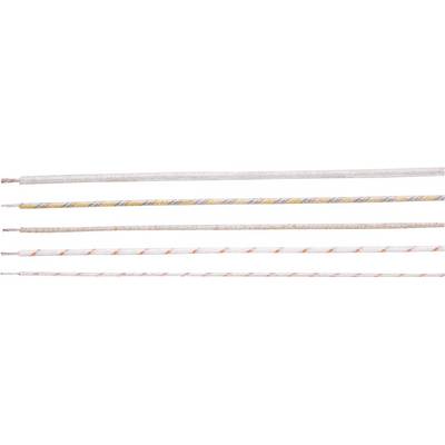 Cinq cordes blanches différentes avec des marquages de couleur jaune et orange sur un fond blanc. Elles sont disposées parallèlement.