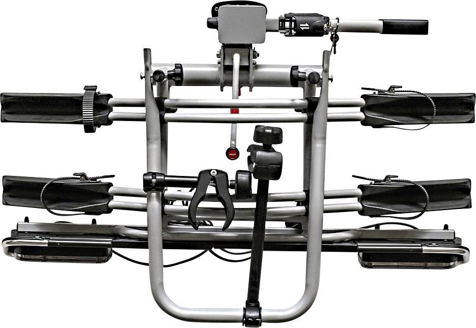 Porte-vélos pour deux bicyclettes, en métal, équipé de dispositifs de tension et de supports pour une fixation sécurisée à l'arrière d'un véhicule.