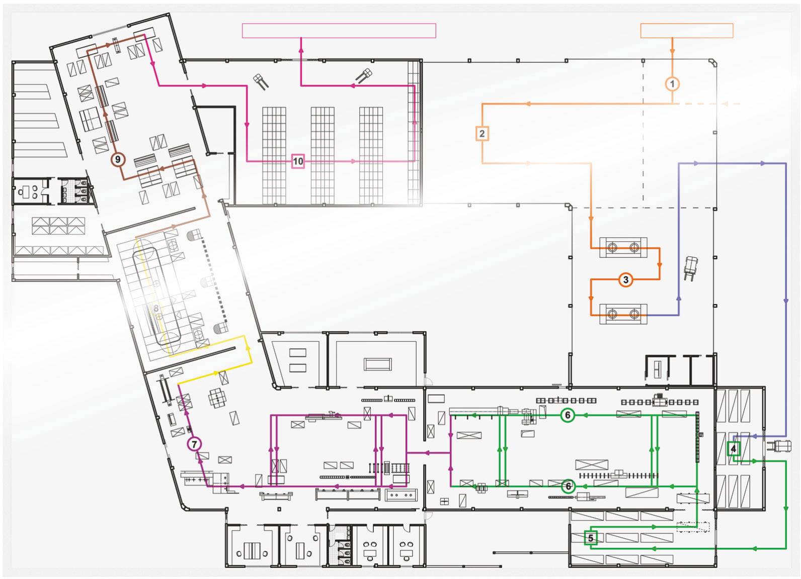 Plan de bâtiment avec des conduites marquées de différentes couleurs traversant divers espaces et reliant certaines zones.
