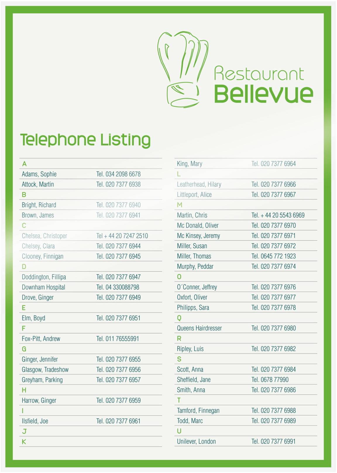 Liste téléphonique du Restaurant 'Bellevue' avec coordonnées des différentes personnes. Sections principales classées par ordre alphabétique.