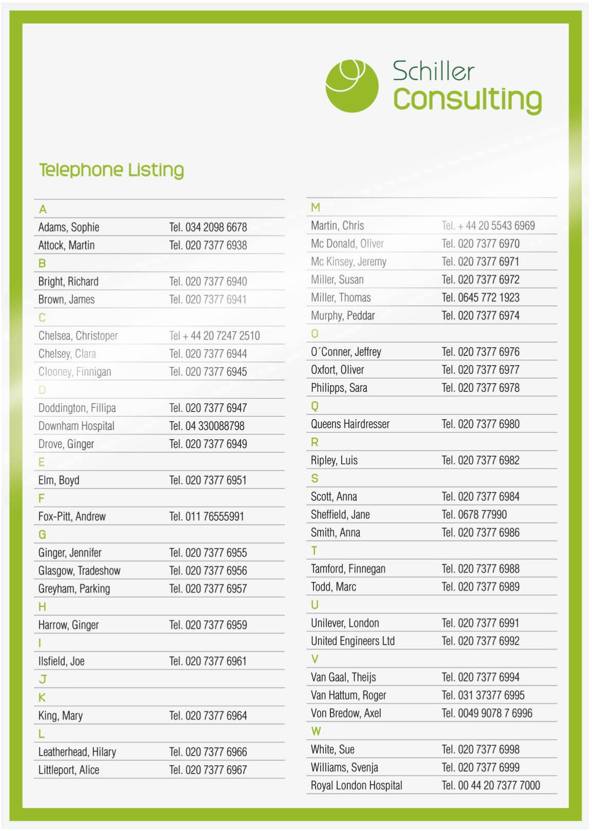 Liste des employés de 'Schiller Consulting' avec leurs noms et numéros de téléphone, triée alphabétiquement de A à M. À gauche de Adams à King, à droite de Martin à Wright.