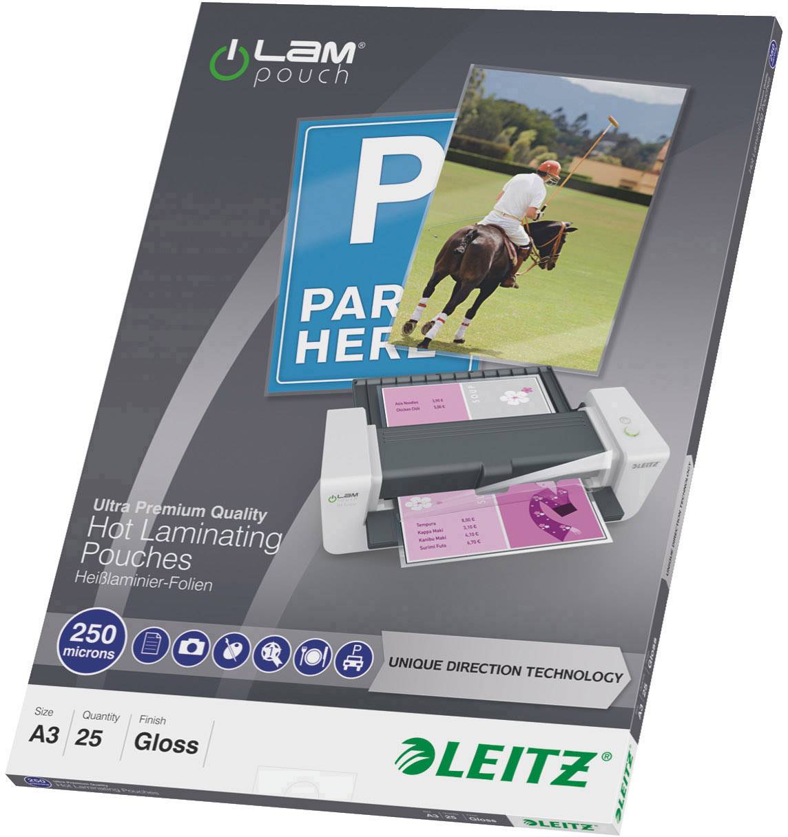 Emballage de pochettes de plastification Leitz, montrant un appareil de plastification avec un document plastifié, une image d'un joueur de polo et un panneau 'P Parking'.